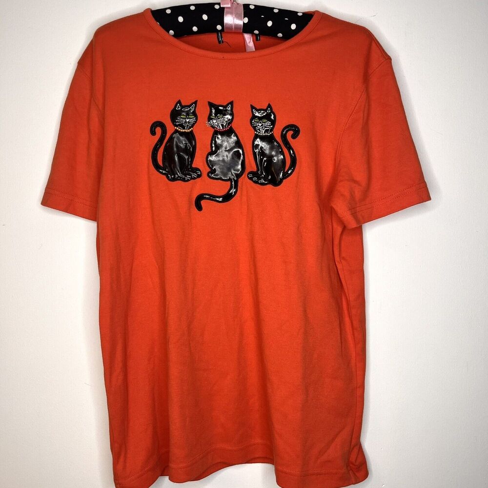Treat Halloween Orange Vinyl Black Cats Bling T Shirt 36x24